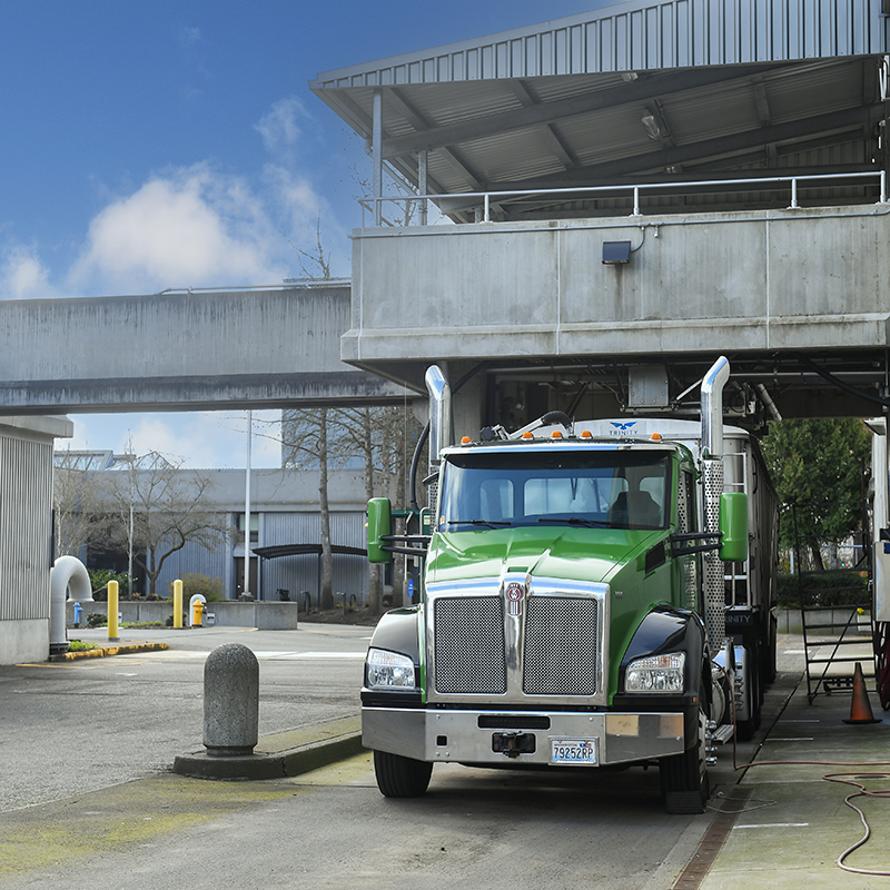 Semi=truck being loaded with biosolids at the Budd Inlet Treatment Plant, Olympia WA